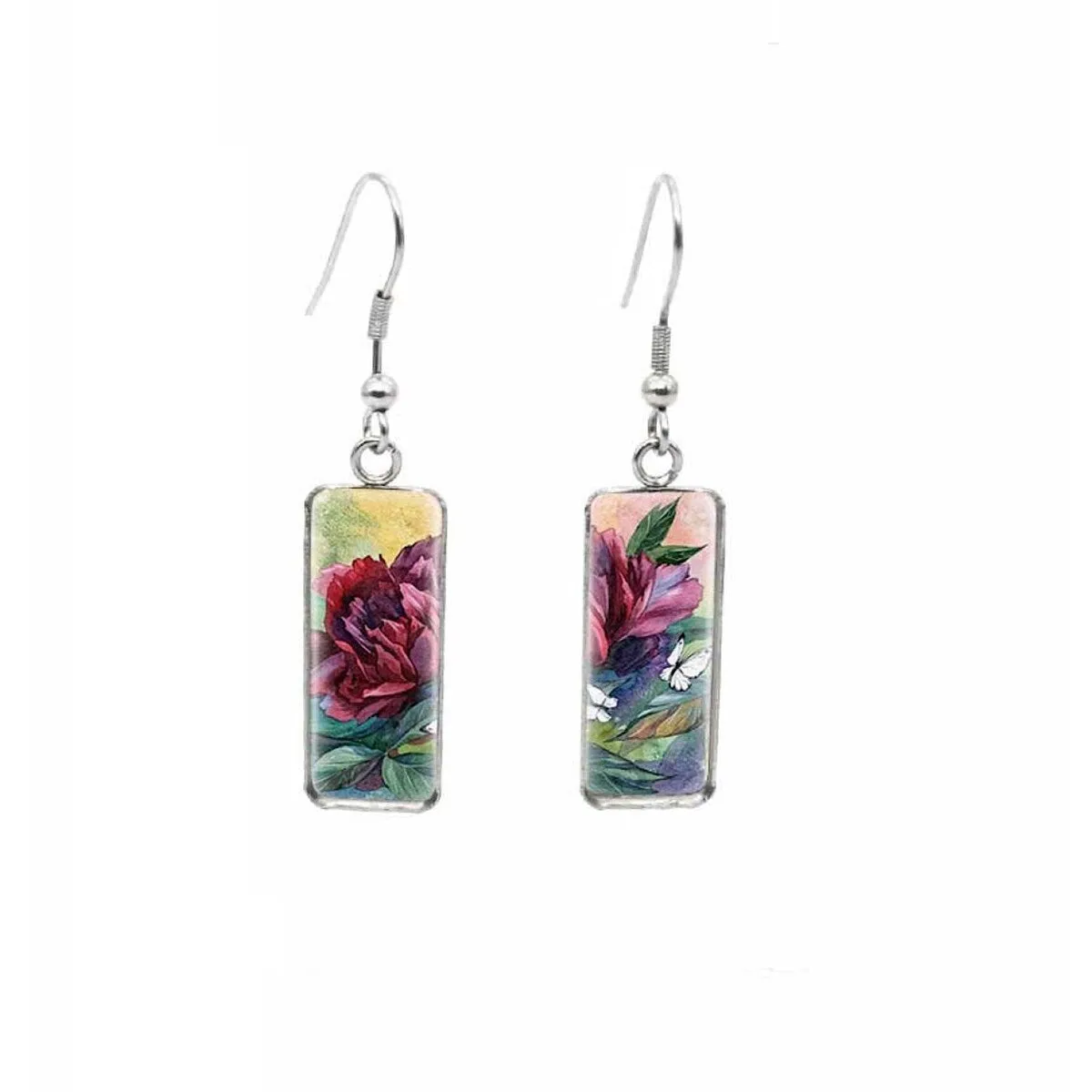 Wine Floral Stainless Steel Glass Dome Rectangular Drop Earrings sold by Zulily