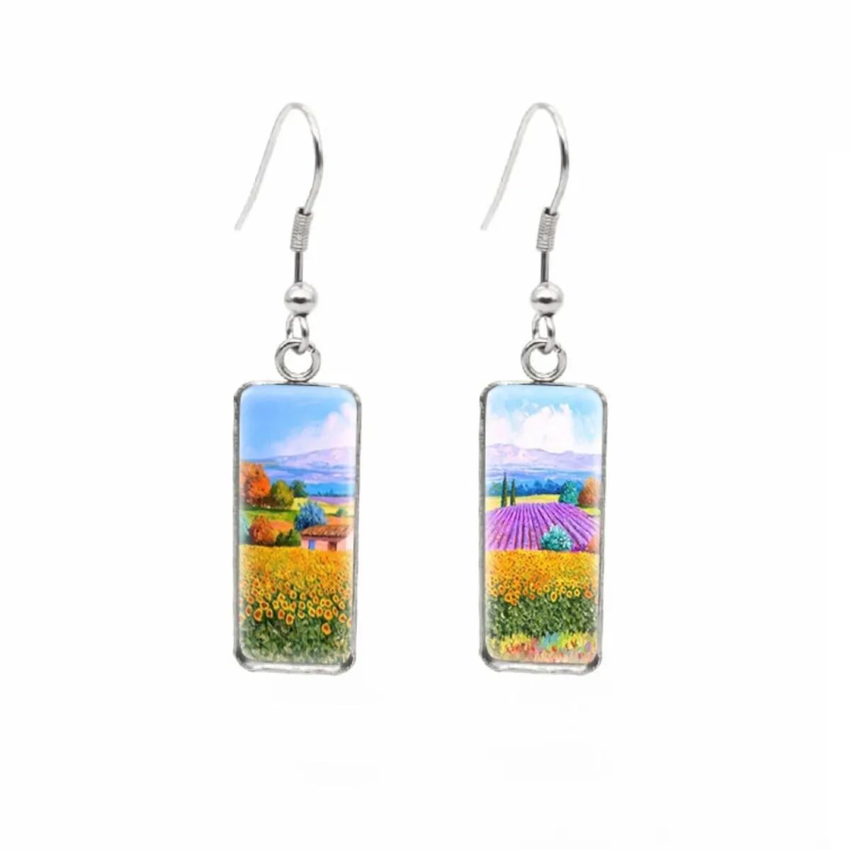 Flower Fields Stainless Steel Glass Dome Rectangular Drop Earrings sold by Zulily
