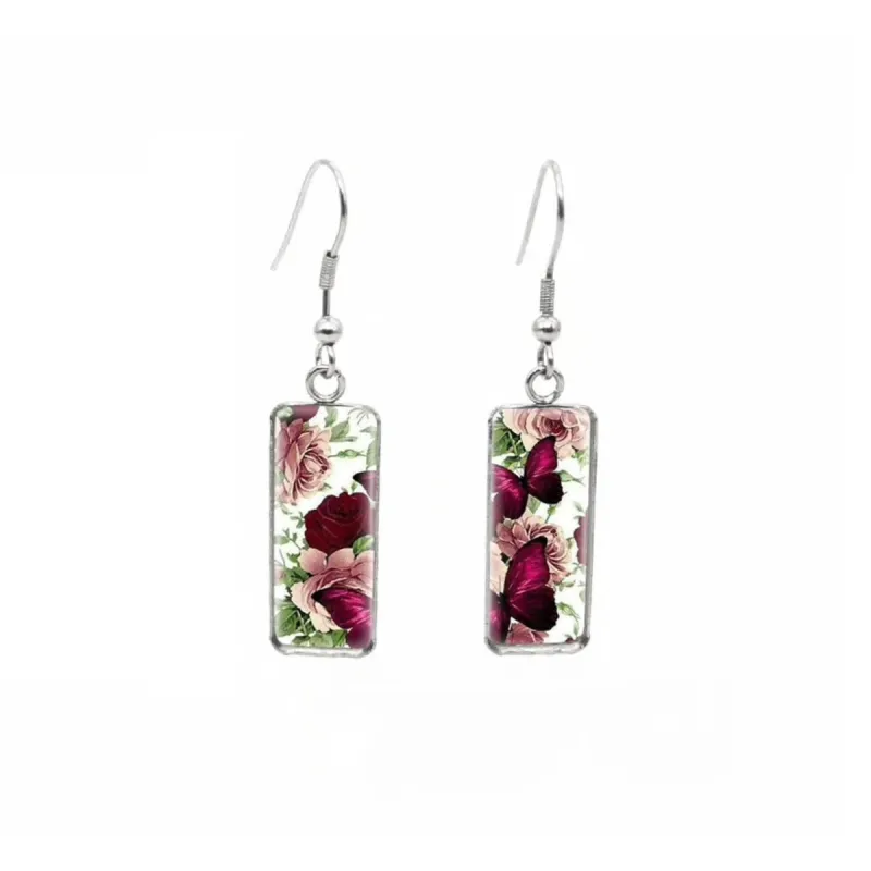 Butterflies & Roses Stainless Steel Glass Dome Rectangular Drop Earrings sold by Zulily