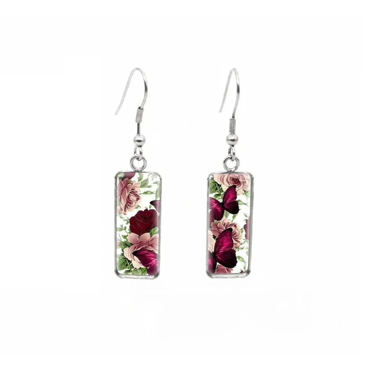 Butterflies & Roses Stainless Steel Glass Dome Rectangular Drop Earrings sold by Zulily