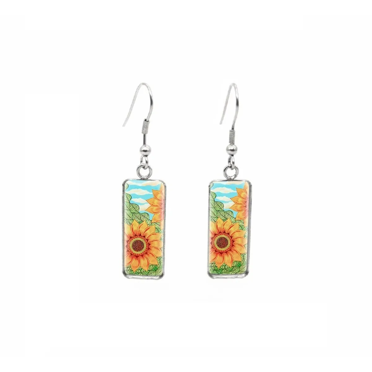 Yellow Sunflowers Stainless Steel Glass Dome Rectangular Drop Earrings sold by Zulily