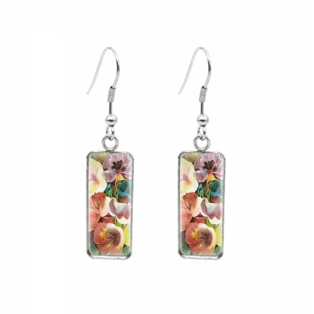 Pansies Stainless Steel Glass Dome Rectangular Drop Earrings sold by Zulily