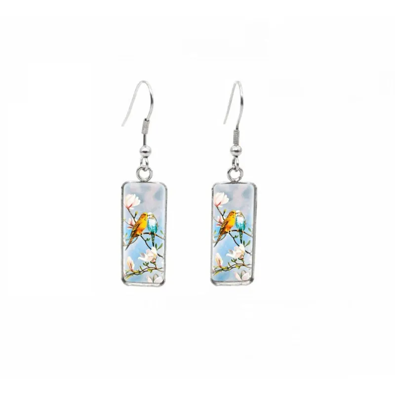 Birds on Floral Branch Stainless Steel Glass Dome Rectangular Drop Earrings sold by Zulily