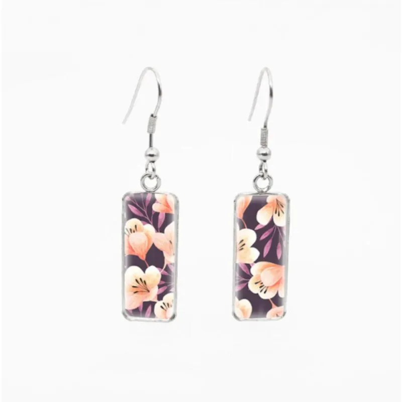 Peach Tiger Lillies Stainless Steel Glass Dome Rectangular Drop Earrings sold by Zulily
