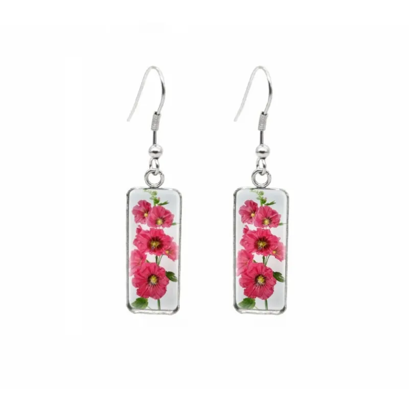 Bright Pink Flowers Stainless Steel Glass Dome Rectangular Drop Earrings sold by Zulily