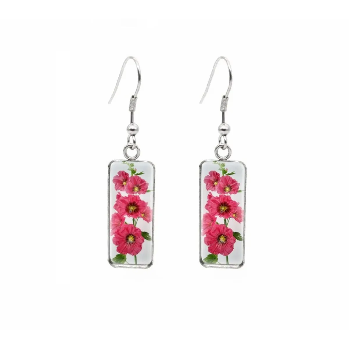 Bright Pink Flowers Stainless Steel Glass Dome Rectangular Drop Earrings sold by Zulily