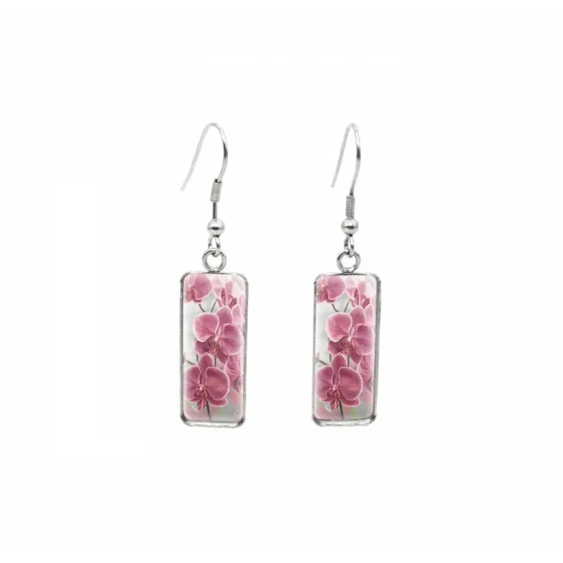Pink Orchids Stainless Steel Glass Dome Rectangular Drop Earrings sold by Zulily