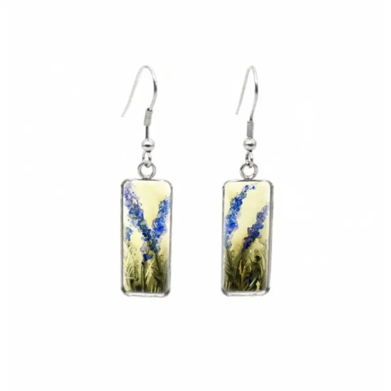 Lavender Sprigs Stainless Steel Glass Dome Rectangular Drop Earrings sold by Zulily