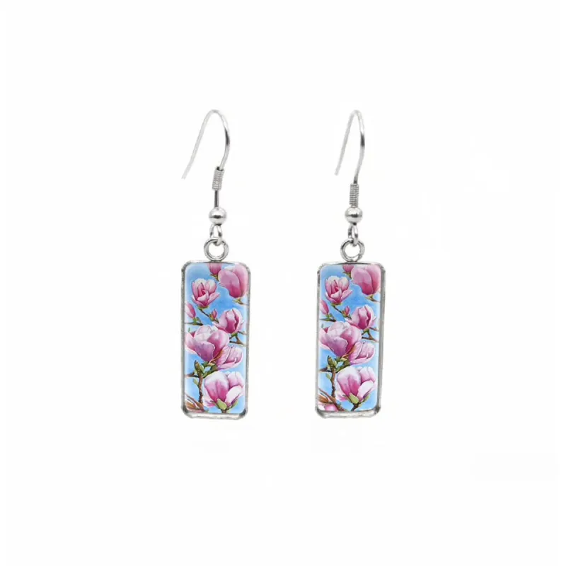Pink Flowers Stainless Steel Glass Dome Rectangular Drop Earrings sold by Zulily