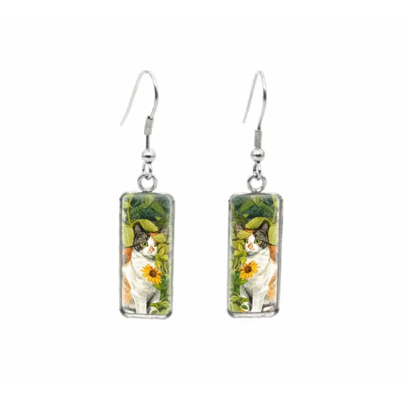 Cat in Sunflower Field Stainless Steel Glass Dome Rectangular Drop Earrings sold by Zulily