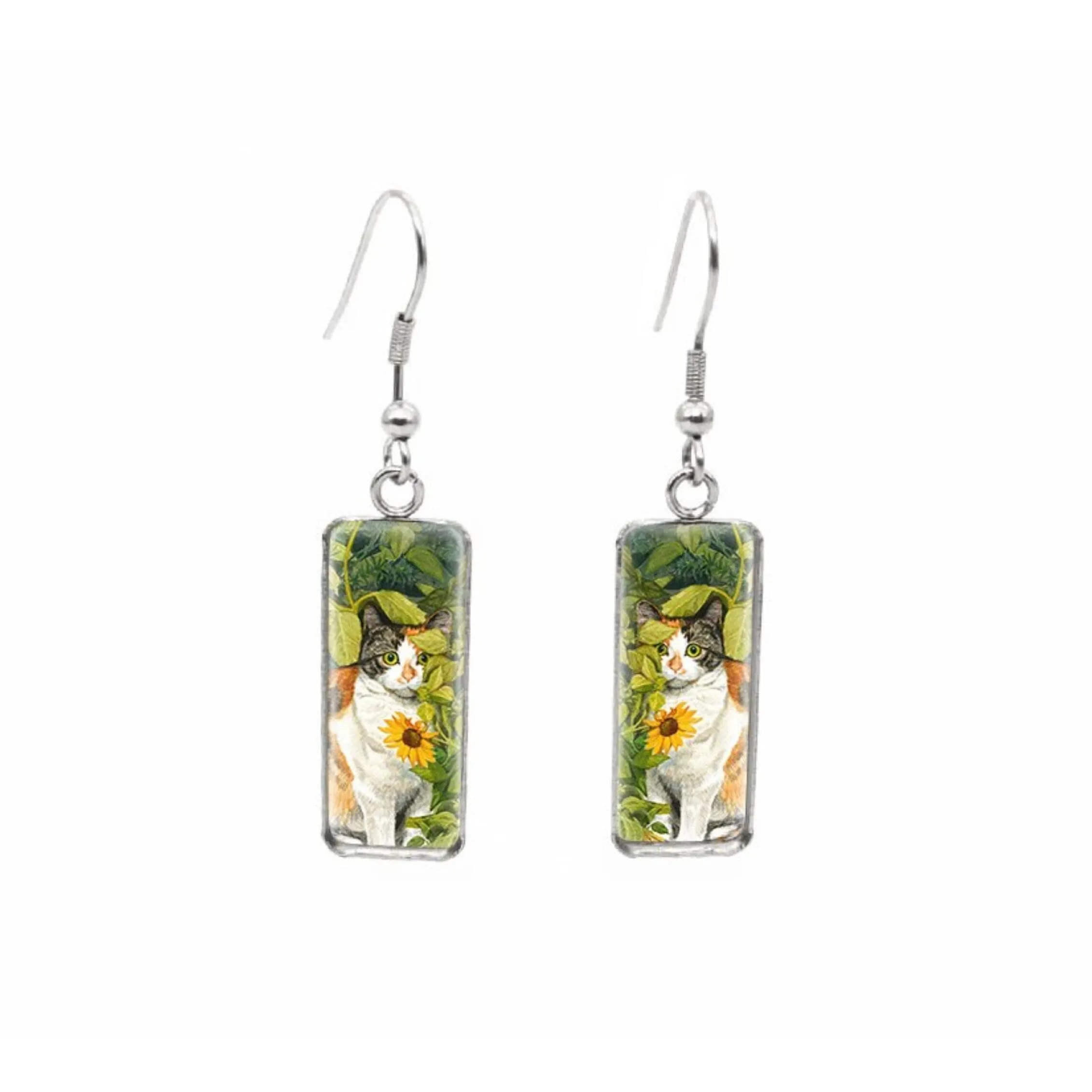 Cat in Sunflower Field Stainless Steel Glass Dome Rectangular Drop Earrings sold by Zulily