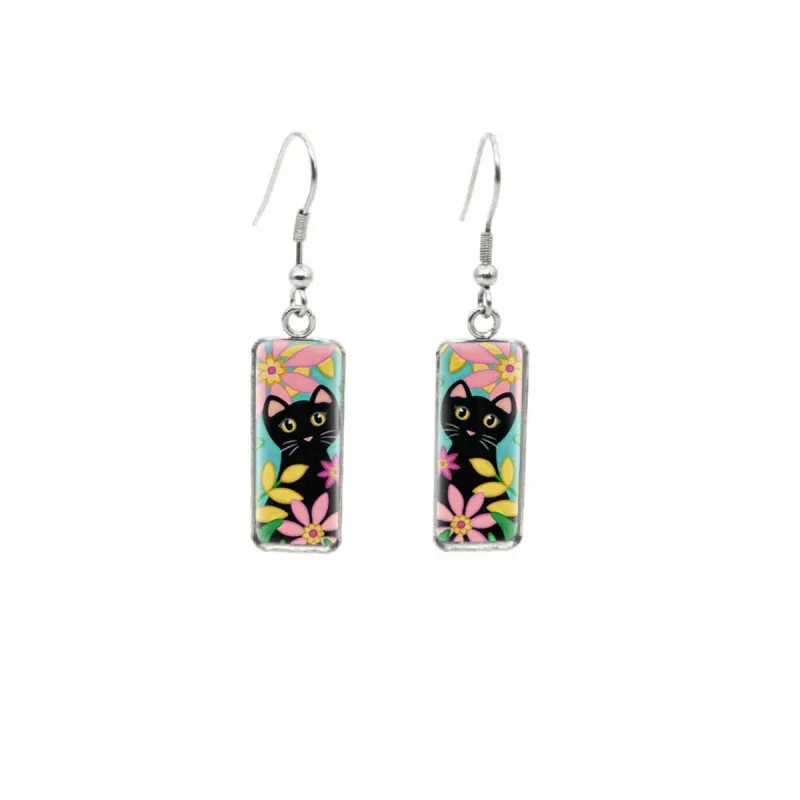 Black Cat with Hearts Stainless Steel Glass Dome Rectangular Drop Earrings sold by Zulily