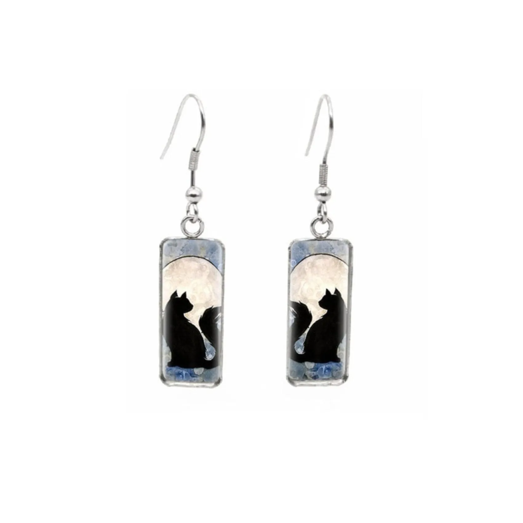 Black Floral Cat Stainless Steel Glass Dome Rectangular Drop Earrings sold by Zulily