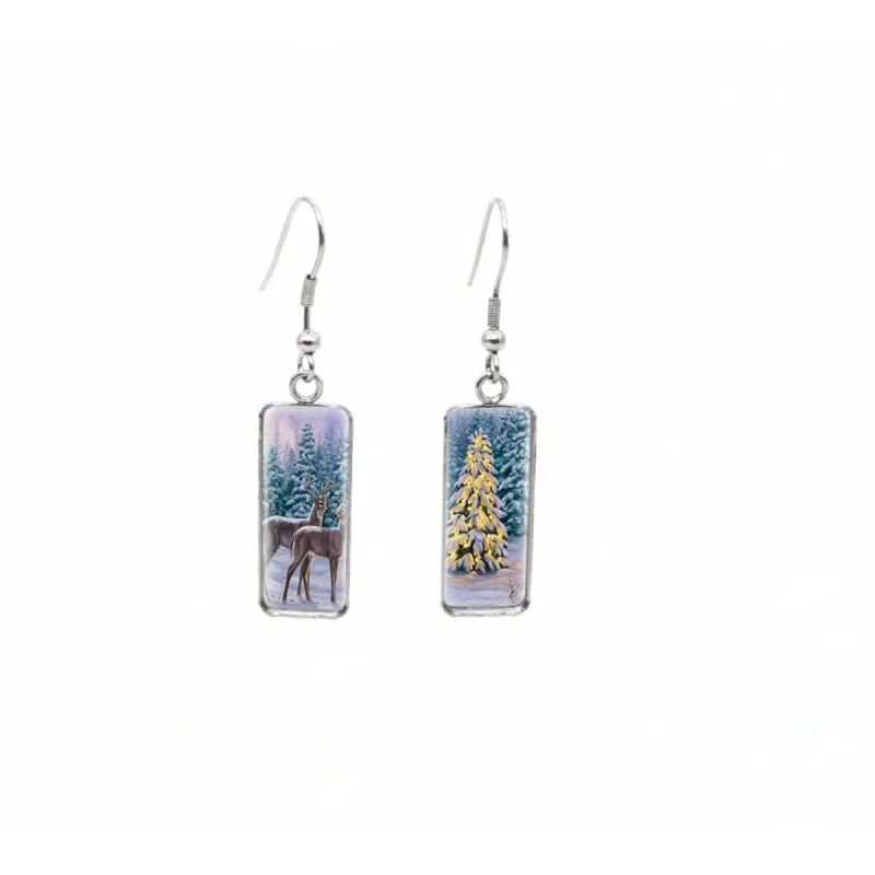 Snowy Tree & Deers Stainless Steel Glass Dome Rectangular Drop Earrings sold by Zulily