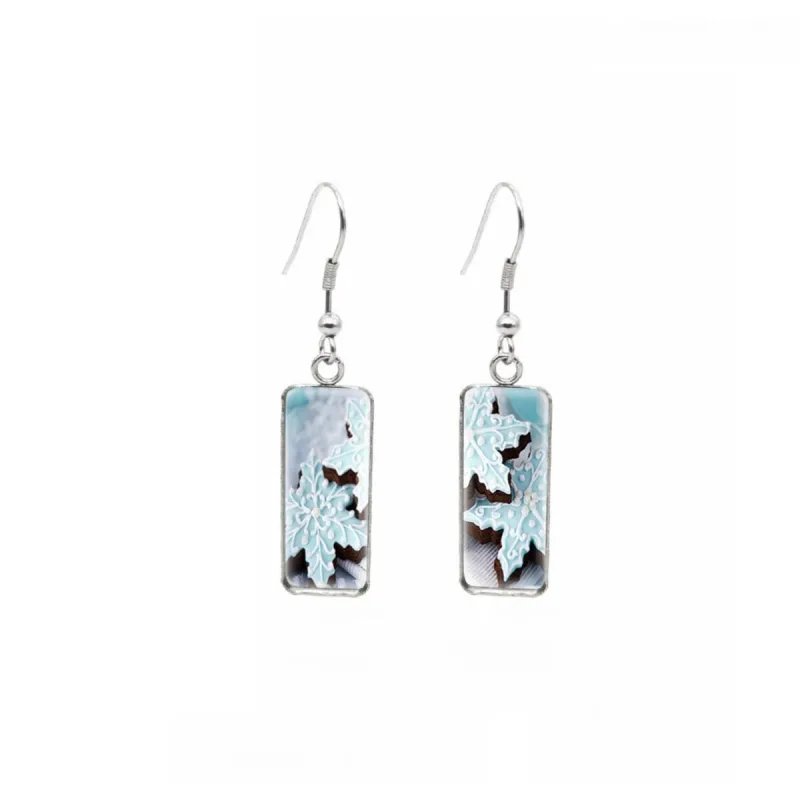 Blue Snowflakes Stainless Steel Glass Dome Rectangular Drop Earrings sold by Zulily