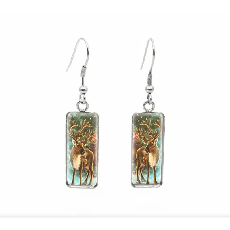 Christmas Reindeer Stainless Steel Glass Dome Rectangular Drop Earrings sold by Zulily