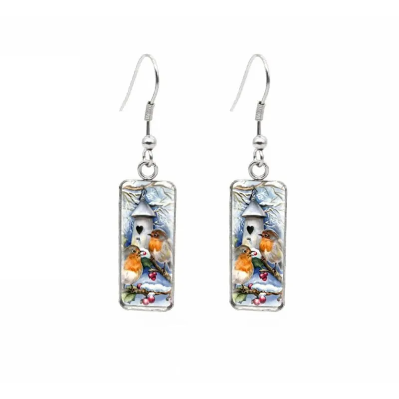 Winter Lovebirds Stainless Steel Glass Dome Rectangular Drop Earrings sold by Zulily