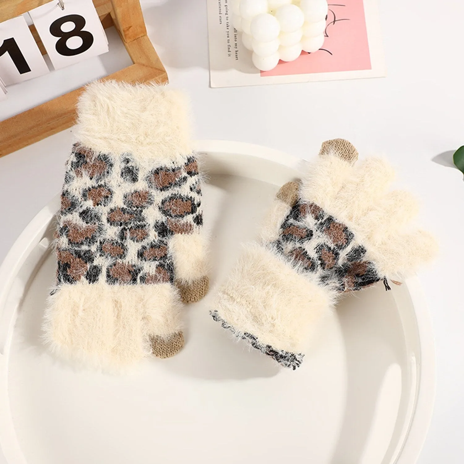 White Leopard Plush Gloves sold by Zulily product image thumbnail 2