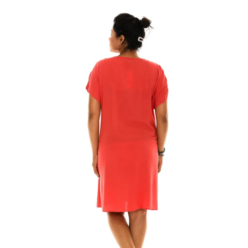 Coral Split V-Neck Short-Sleeve Dress sold by Zulily