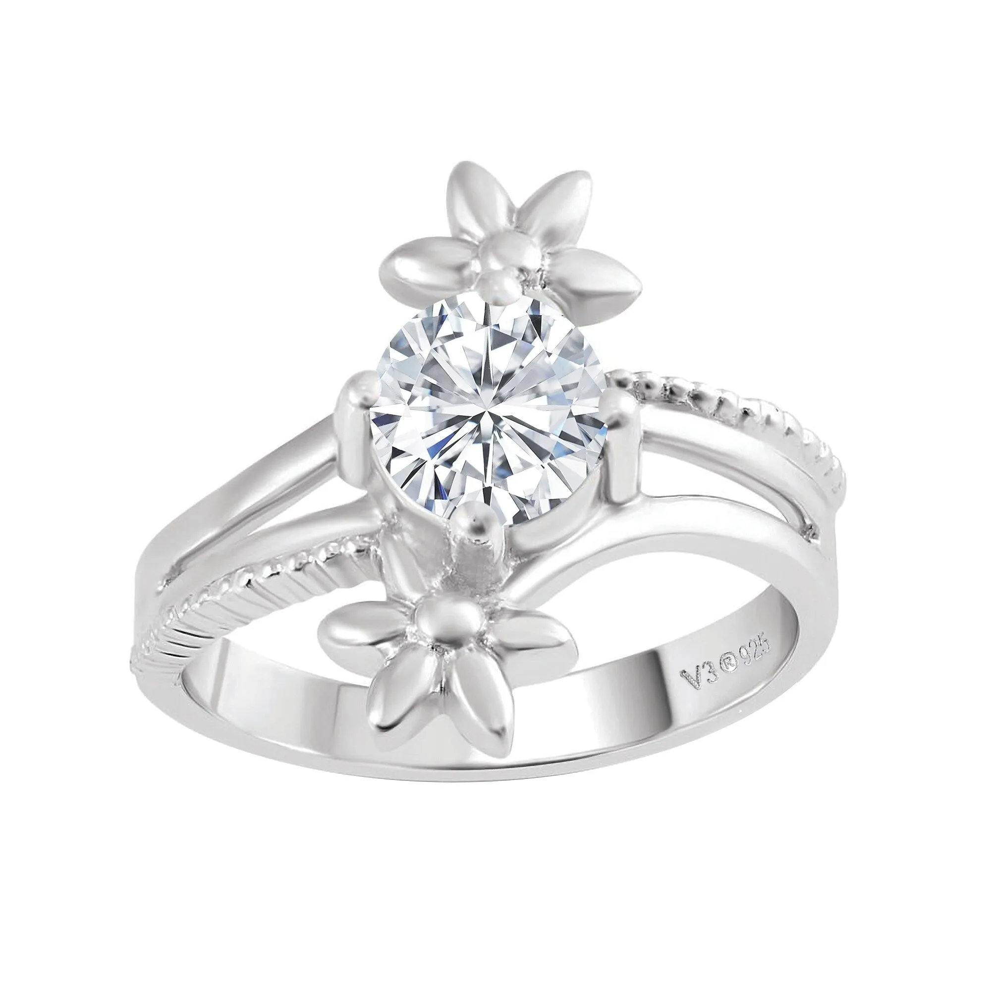 Sterling Silver Lab Grown White Diamond Solitaire Flower Ring sold by Zulily product image thumbnail 3