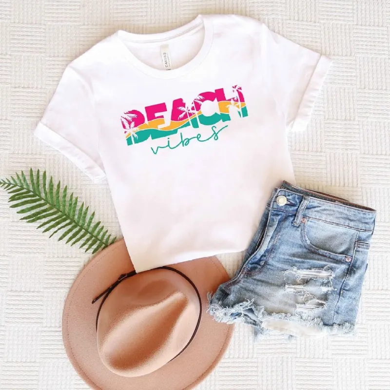 Beach Vibes Colorful Palm Trees Short Sleeve Crewnneck Tee sold by Zulily