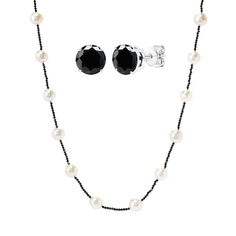Set of Sterling Silver with Necklace and Earring in Cultured Pearl and Black Spinel with 22" Chain sold by Zulily