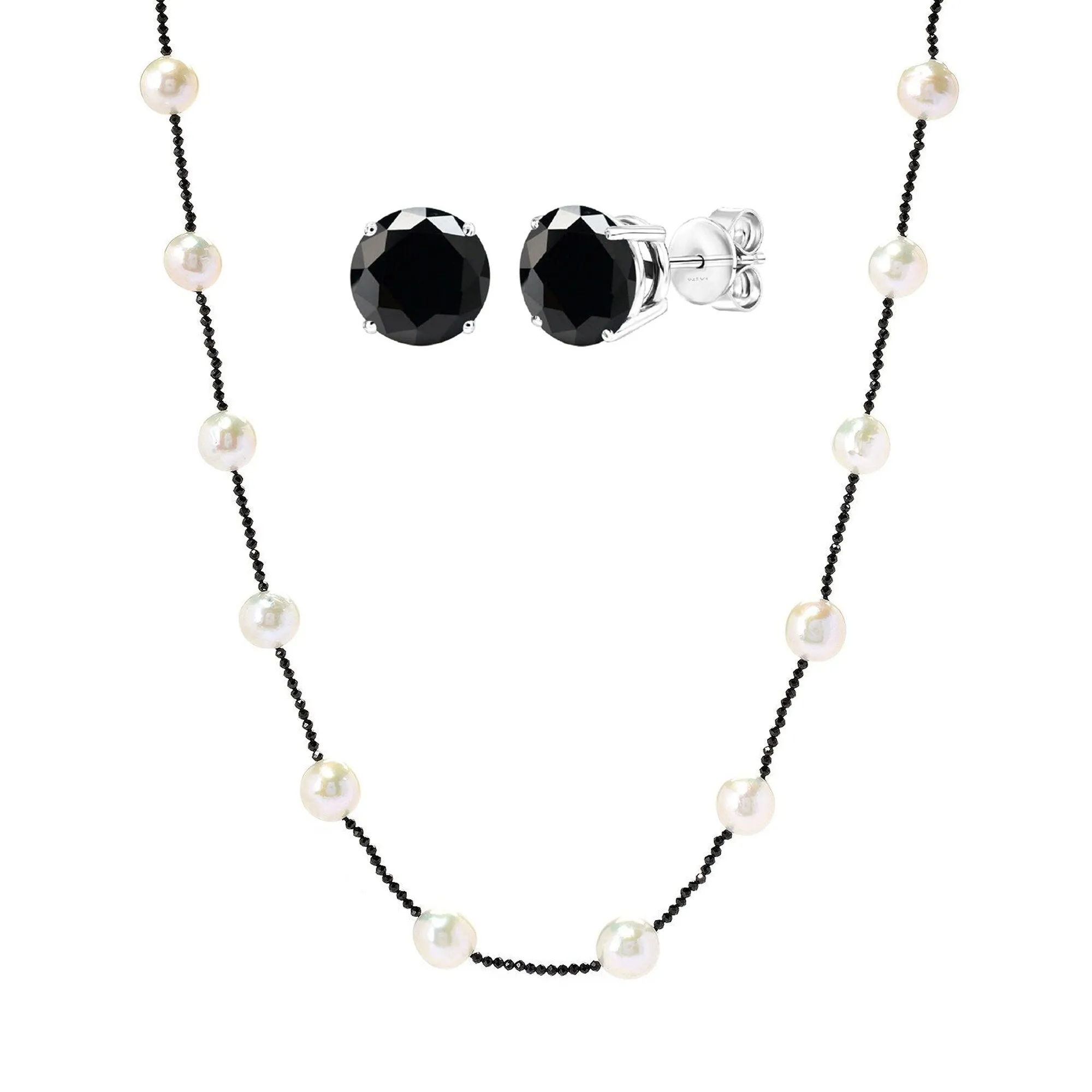Set of Sterling Silver with Necklace and Earring in Cultured Pearl and Black Spinel with 22" Chain sold by Zulily