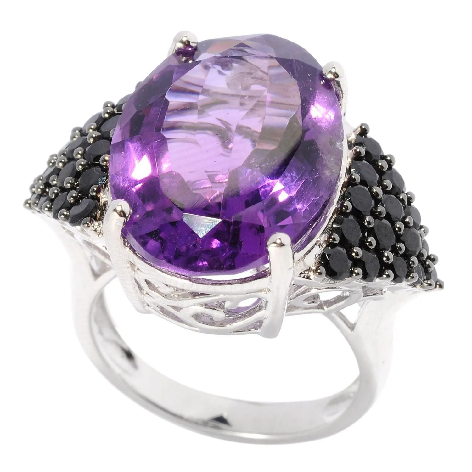 Sterling Silver with Natural Amethyst and Black Spinel Scroll-work Gemstone Ring sold by Zulily product image thumbnail 3