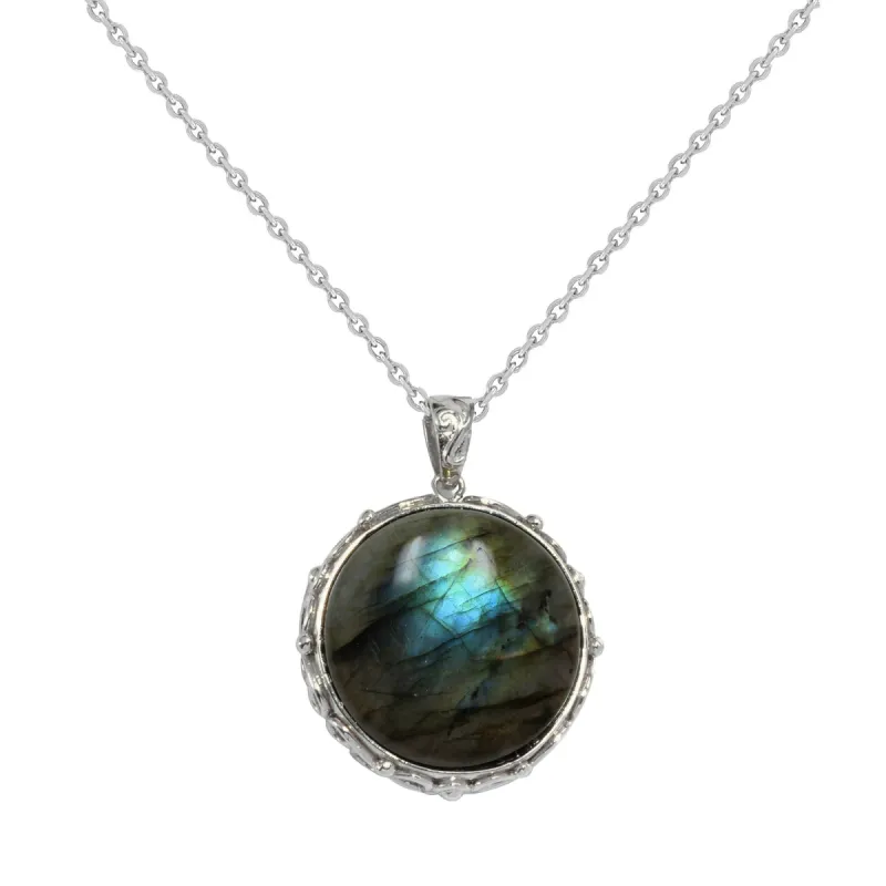 Sterling Silver with Natural Labradorite Circle Pendant with 18" Chain sold by Zulily