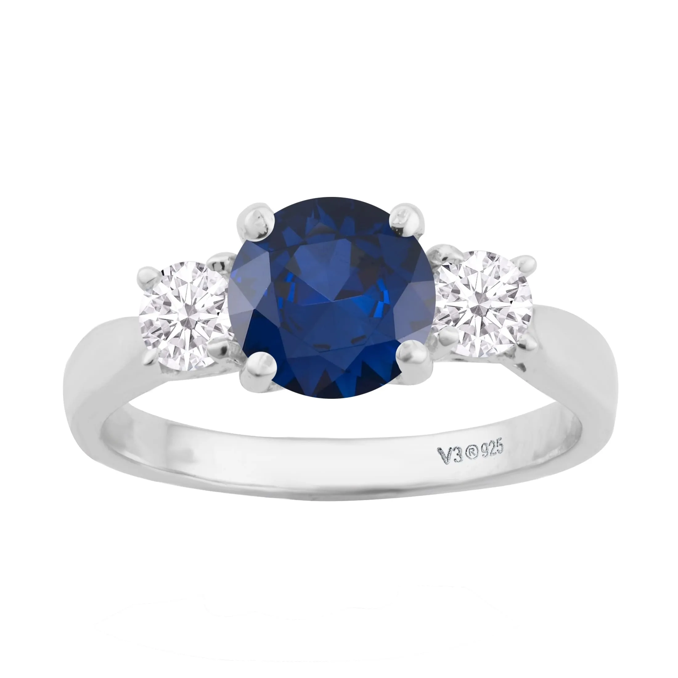 V3 Jewelry® 925 Sterling Silver with Blue Sapphire and Moissanite Three Stone Ring for Women sold by Zulily product image thumbnail 4
