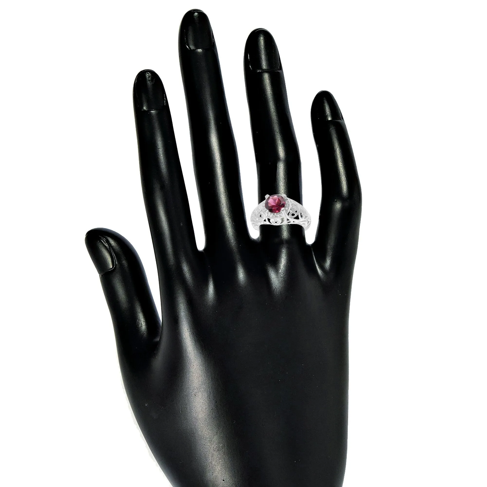 Sterling Silver with Natural Rhodolite Garnet and White Topaz Halo Filigree Ring sold by Zulily product image thumbnail 5