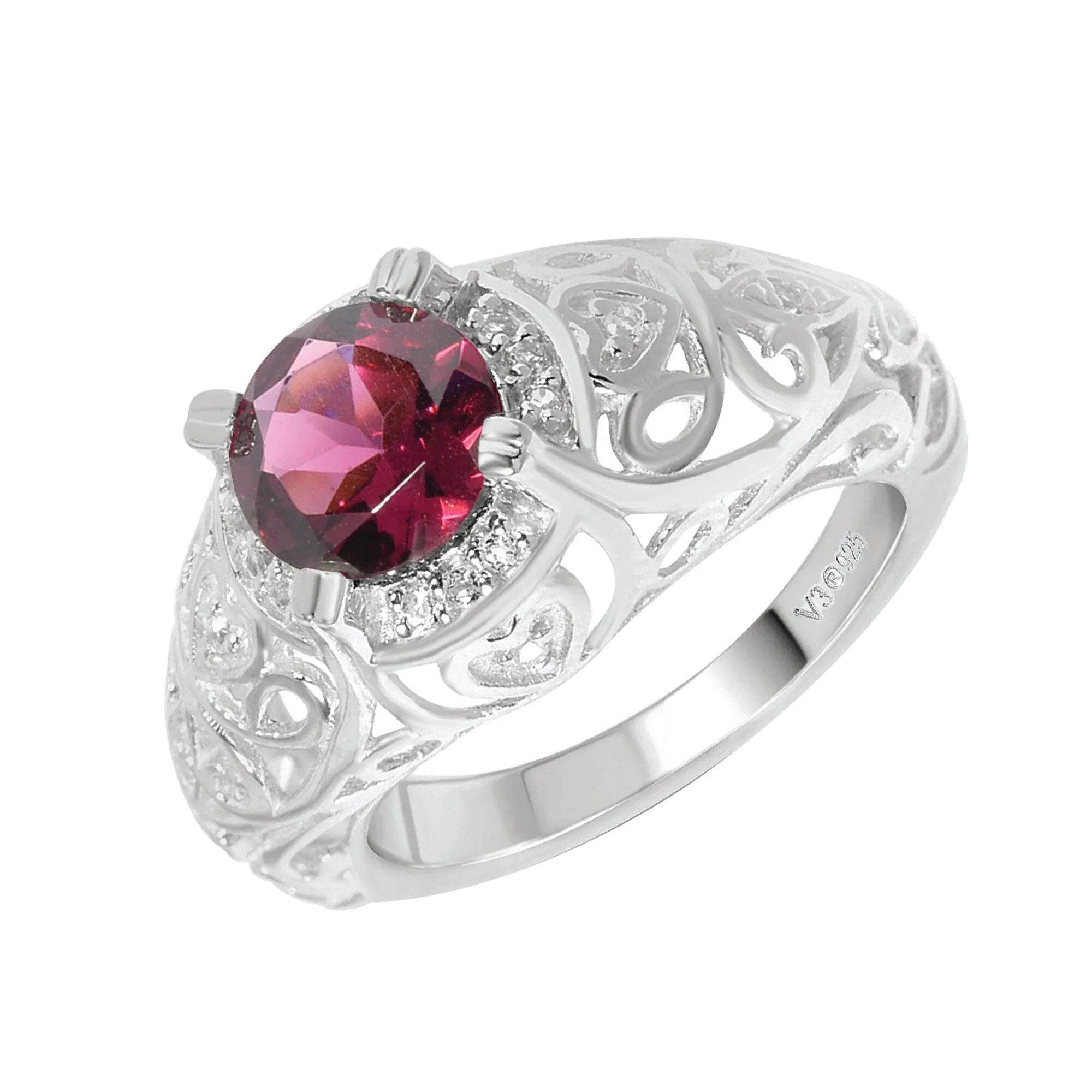 Sterling Silver with Natural Rhodolite Garnet and White Topaz Halo Filigree Ring sold by Zulily