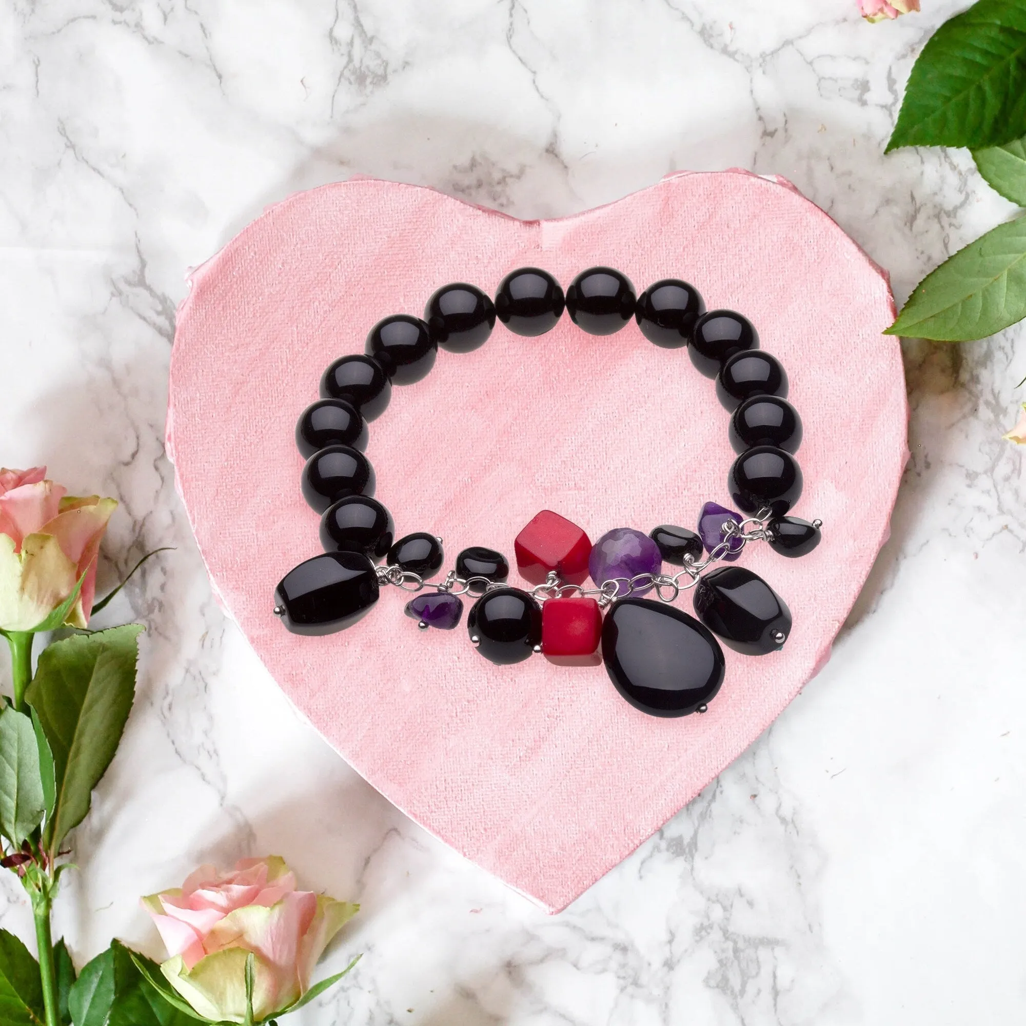 Sterling Silver 10mm Natural Onyx, Amethyst and Coral Bead Stretch Bracelet sold by Zulily product image thumbnail 2