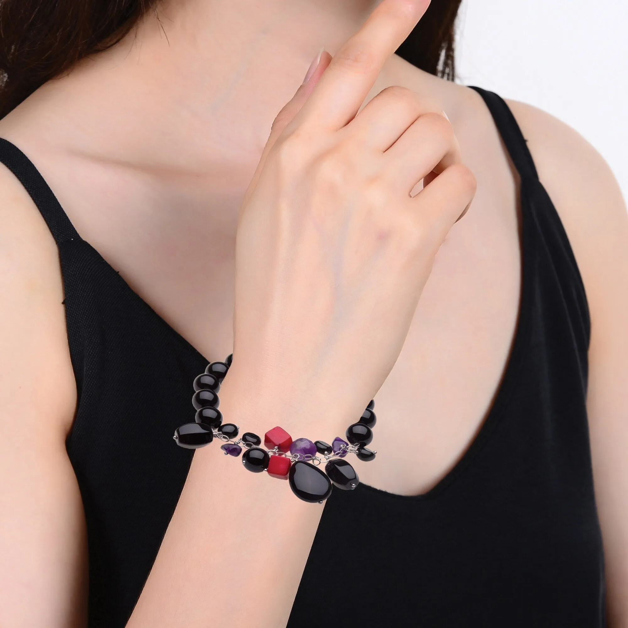 Sterling Silver 10mm Natural Onyx, Amethyst and Coral Bead Stretch Bracelet sold by Zulily product image thumbnail 4