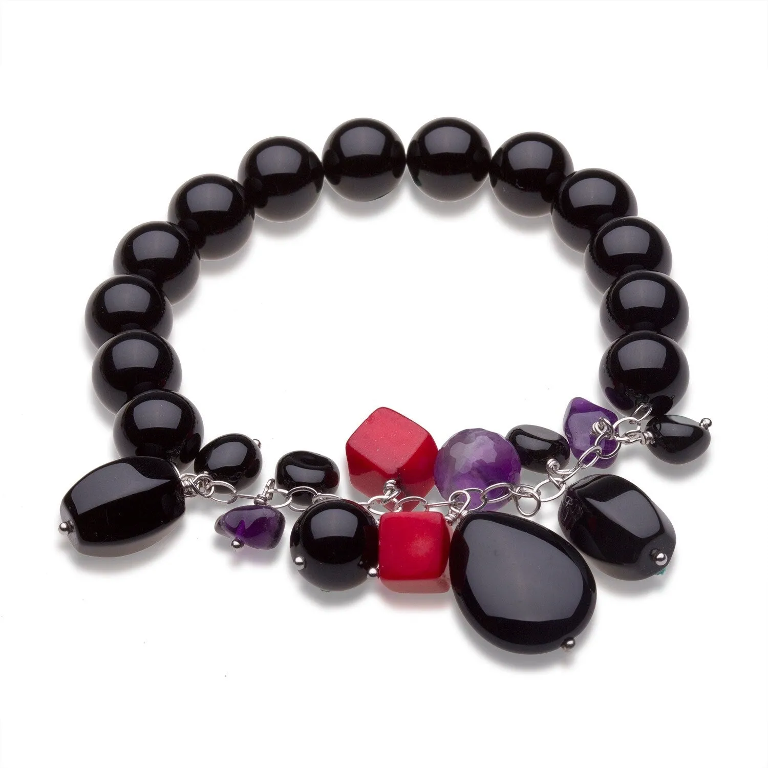 Sterling Silver 10mm Natural Onyx, Amethyst and Coral Bead Stretch Bracelet sold by Zulily