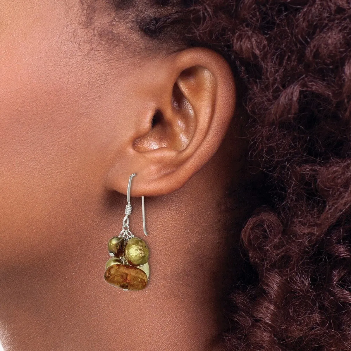 Curata 925 Sterling Silver Amber Citrine Copper Freshwater Cultured Pearl Dangle Hook Earrings - 36x21mm sold by Zulily