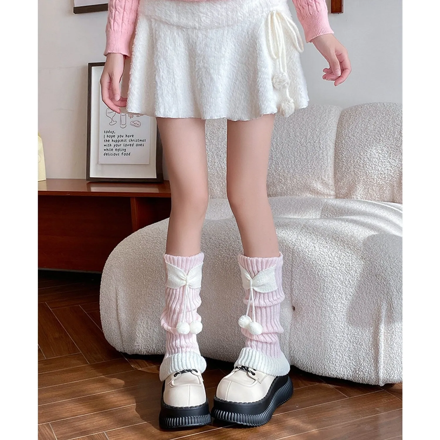 Light Pink & White Bow Plush Ball Calf Socks sold by Zulily