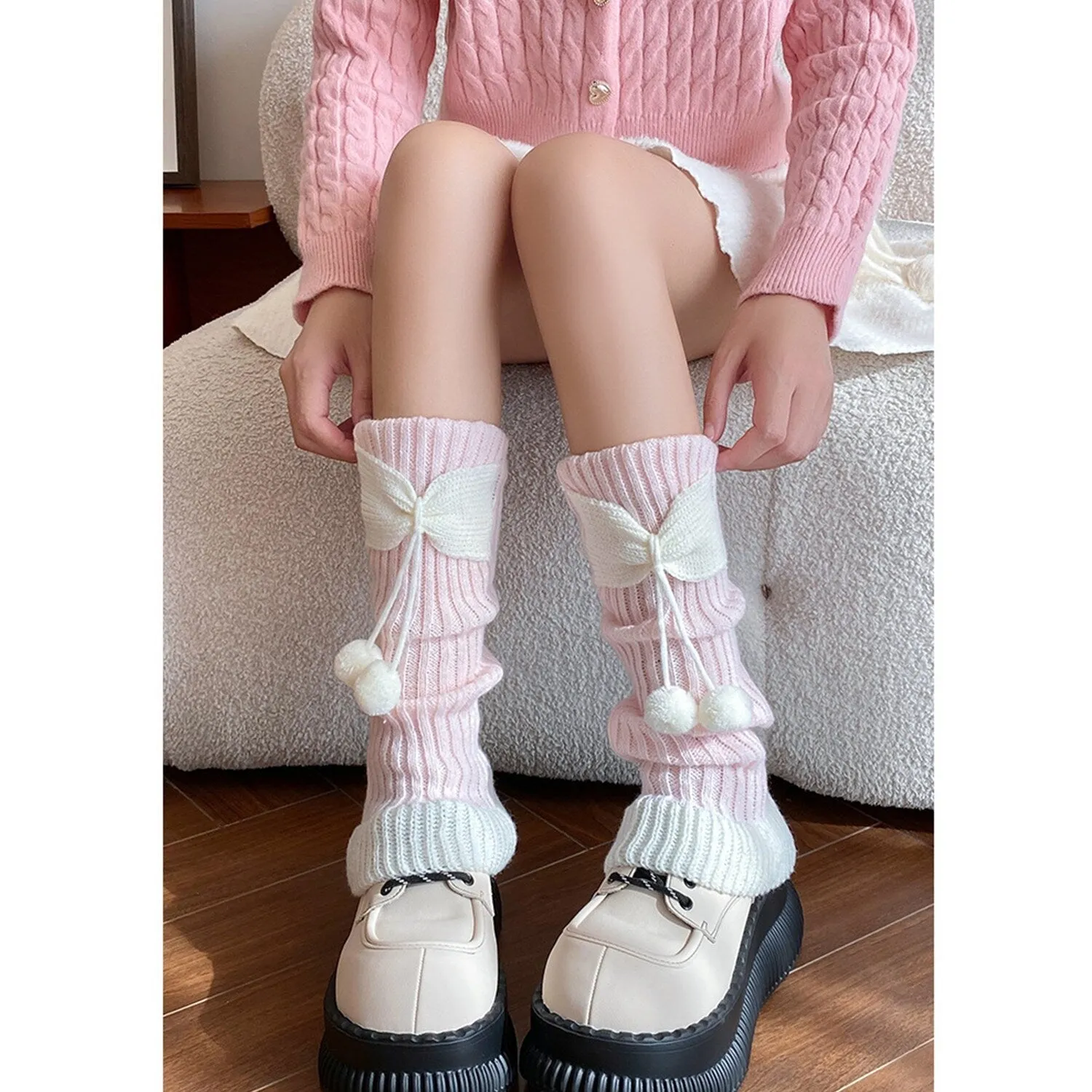 Light Pink & White Bow Plush Ball Calf Socks sold by Zulily product image thumbnail 3