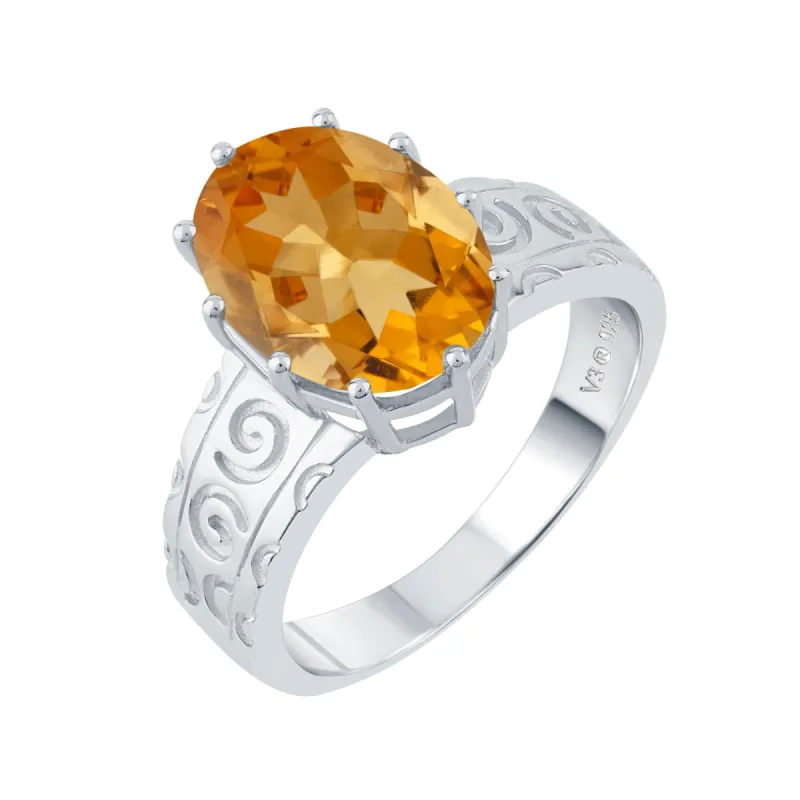 Sterling Silver 5.45 Carat Natural Citrine Solitaire Swirl Engravework Ring sold by Zulily