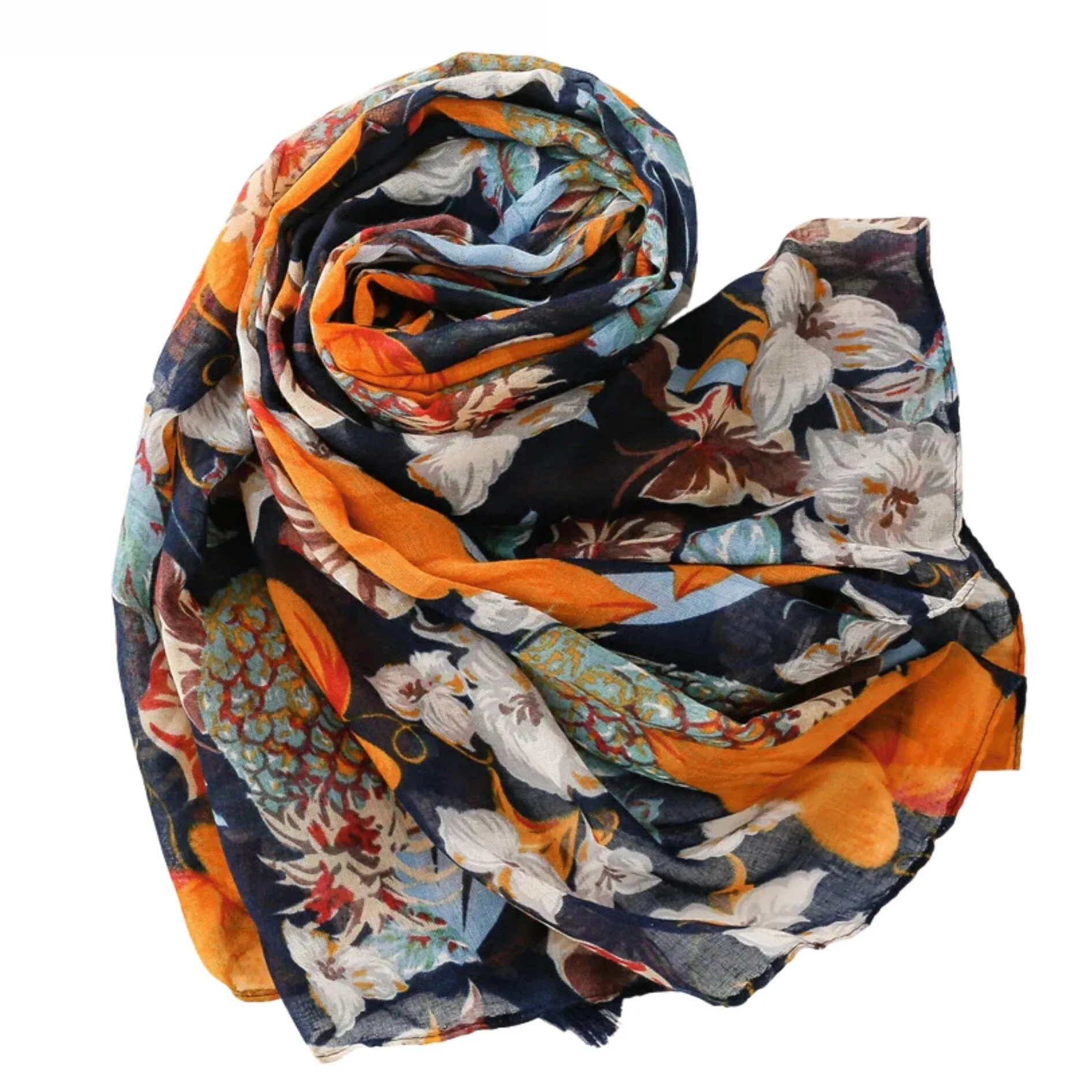Vibrant Navy and Orange Floral Scarf with Tassels sold by Zulily product image thumbnail 2