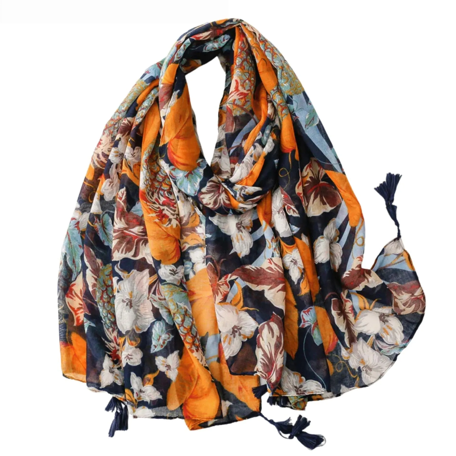 Vibrant Navy and Orange Floral Scarf with Tassels sold by Zulily