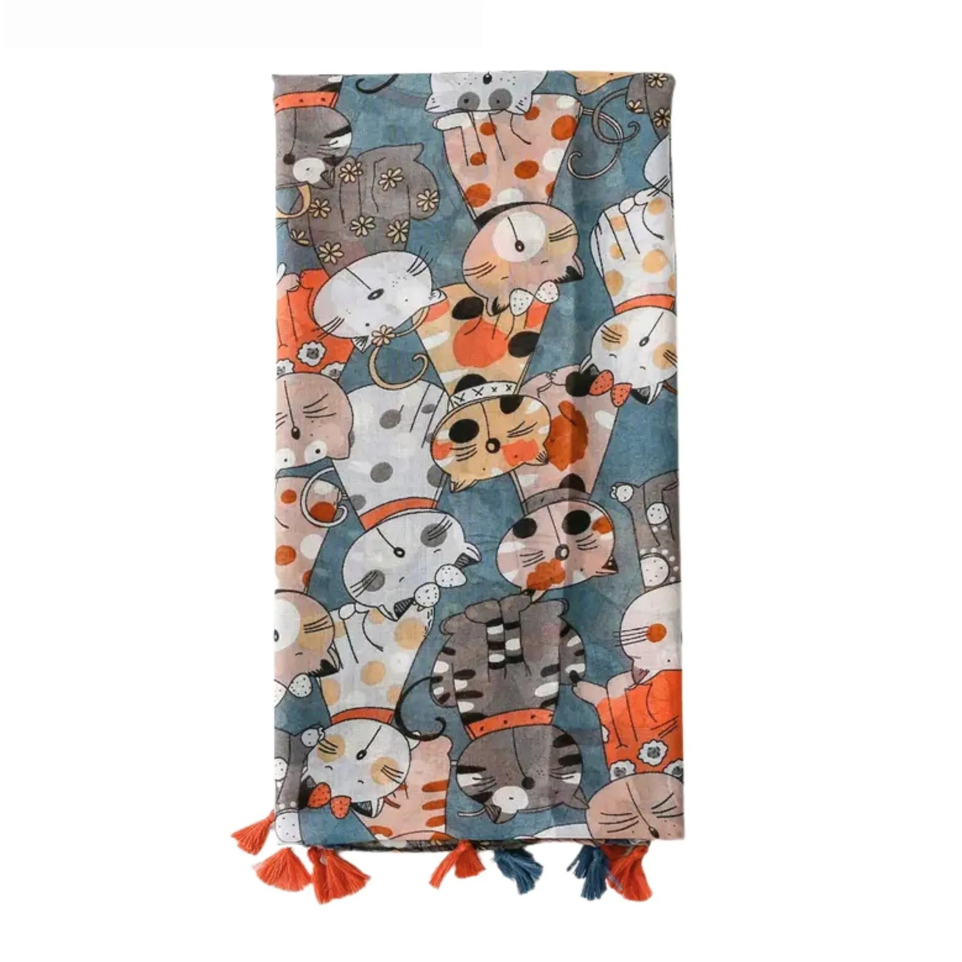 Adorable Blue Cat Print Scarf with Tassels sold by Zulily product image thumbnail 3