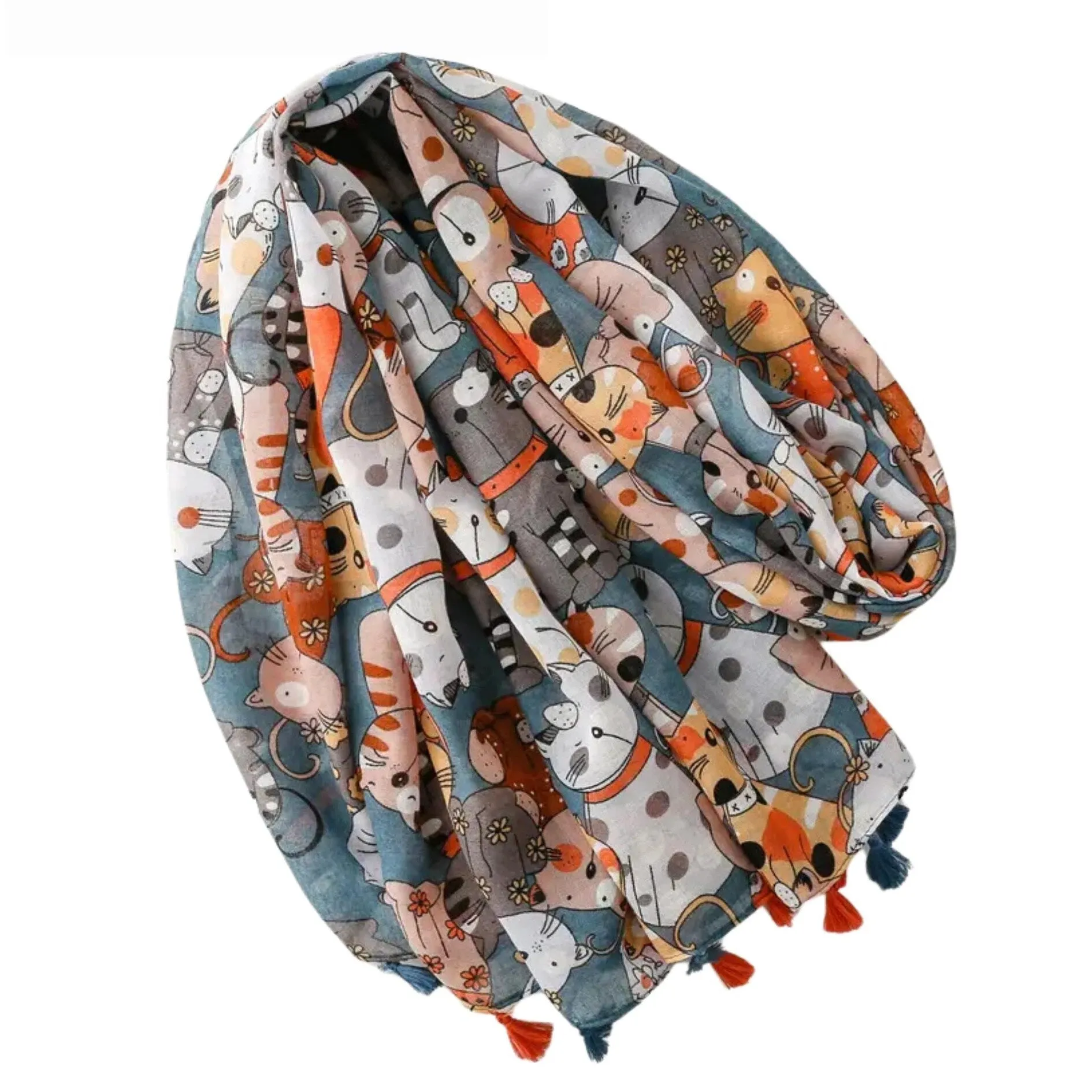 Adorable Blue Cat Print Scarf with Tassels sold by Zulily product image thumbnail 2
