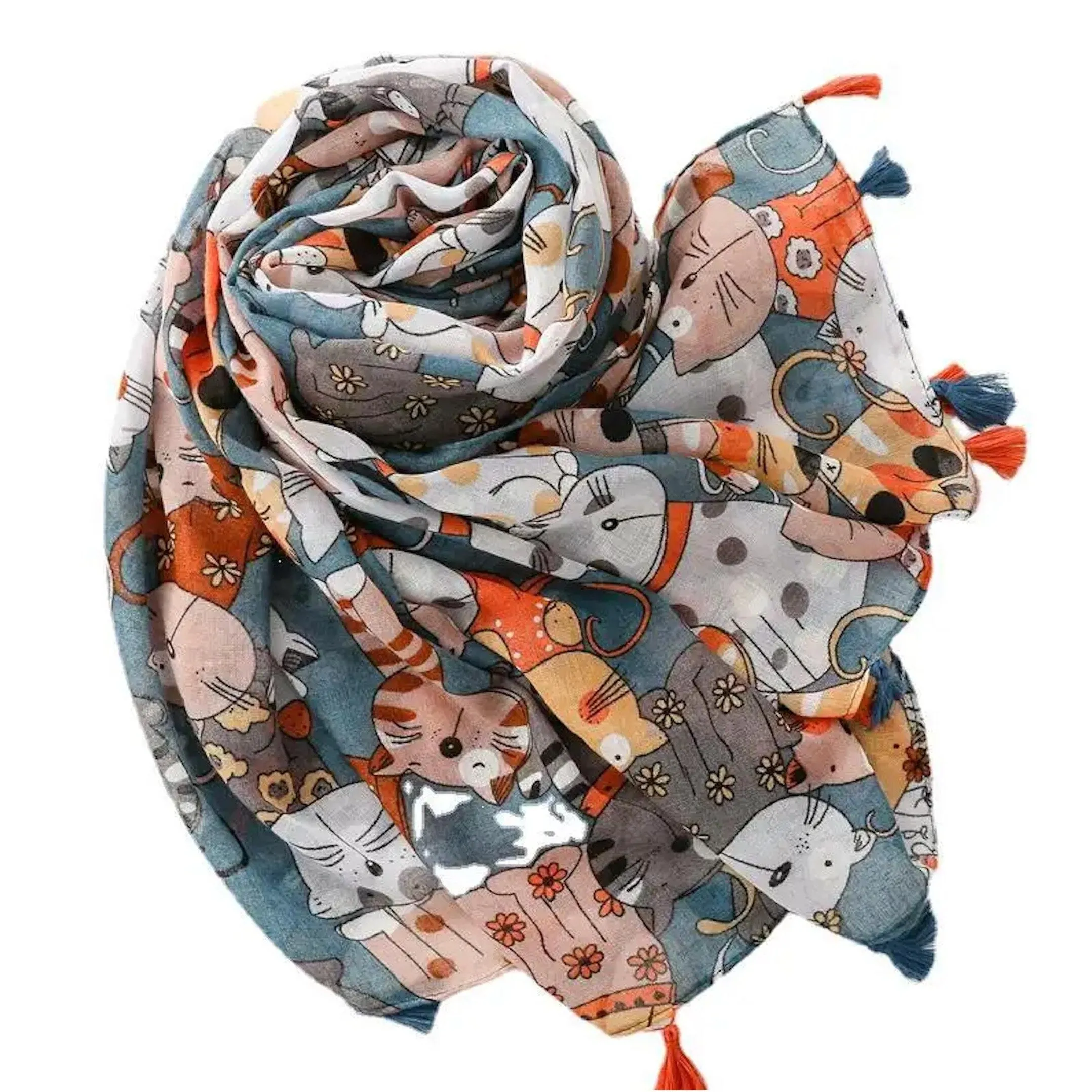 Adorable Blue Cat Print Scarf with Tassels sold by Zulily product image thumbnail 4