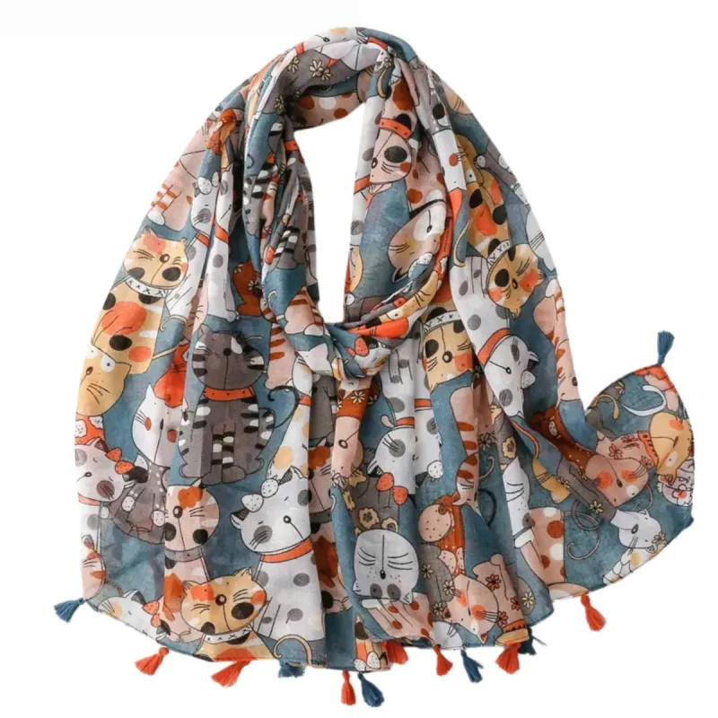 Adorable Blue Cat Print Scarf with Tassels sold by Zulily