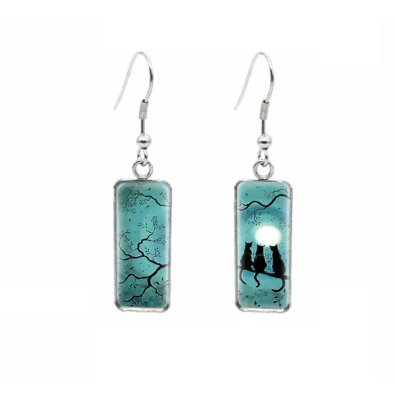 Black Cat Silhouette Stainless Steel Glass Dome Rectangular Drop Earrings sold by Zulily