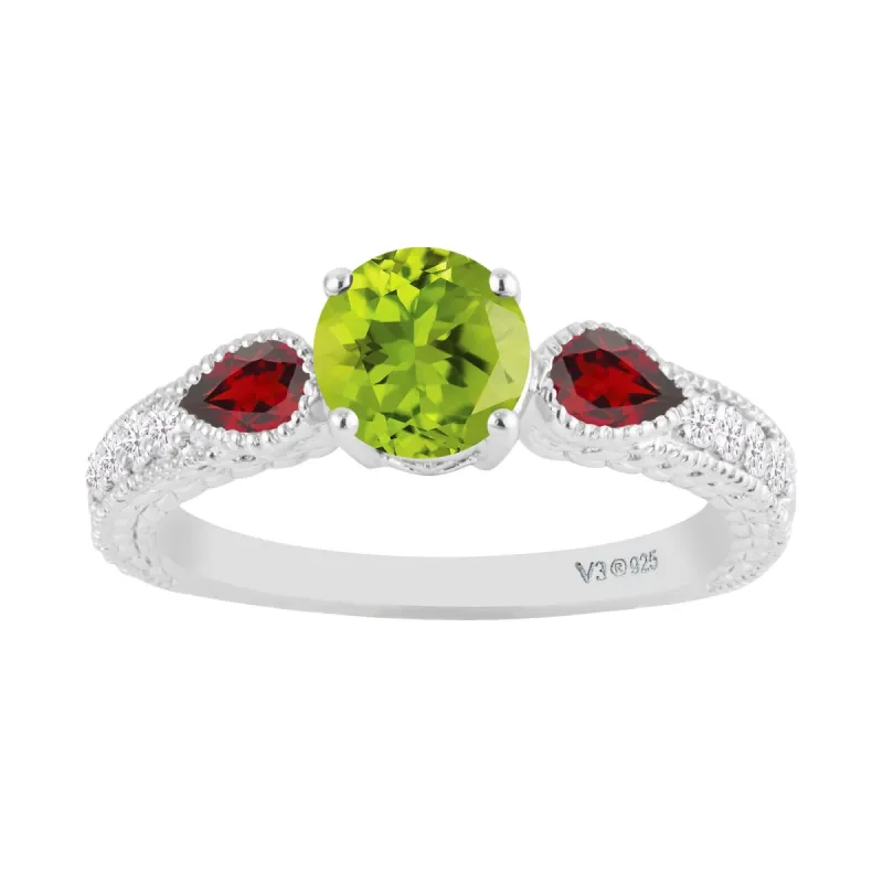 Sterling Silver 1.60CT Natural Peridot, Garnet and White Zircon Three Stone Ring sold by Zulily