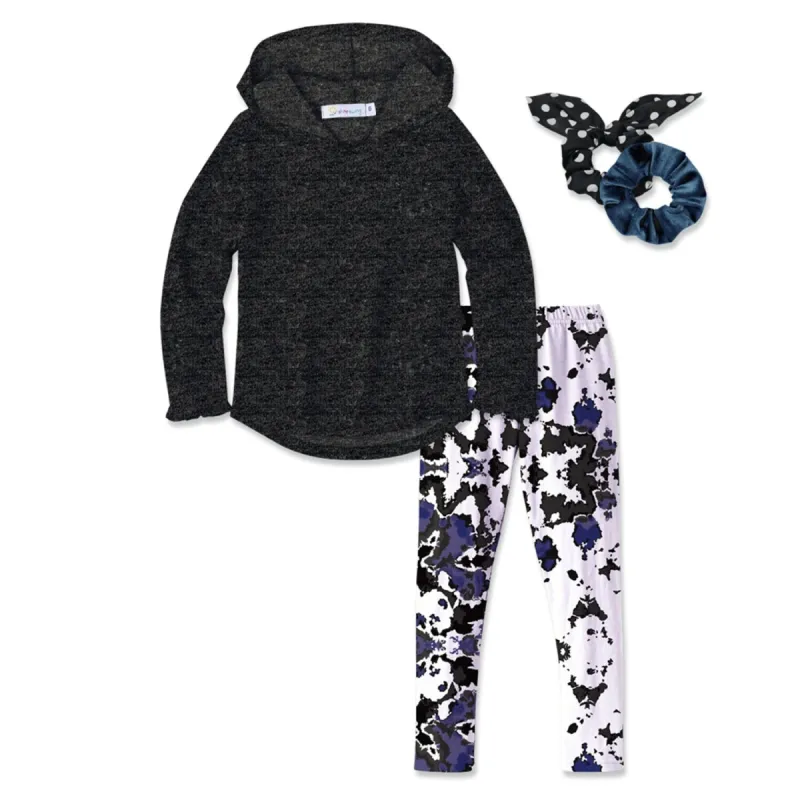 Black Space Dye Hooded Top & Tie-Dye Print Leggings & Scrunchies sold by Zulily