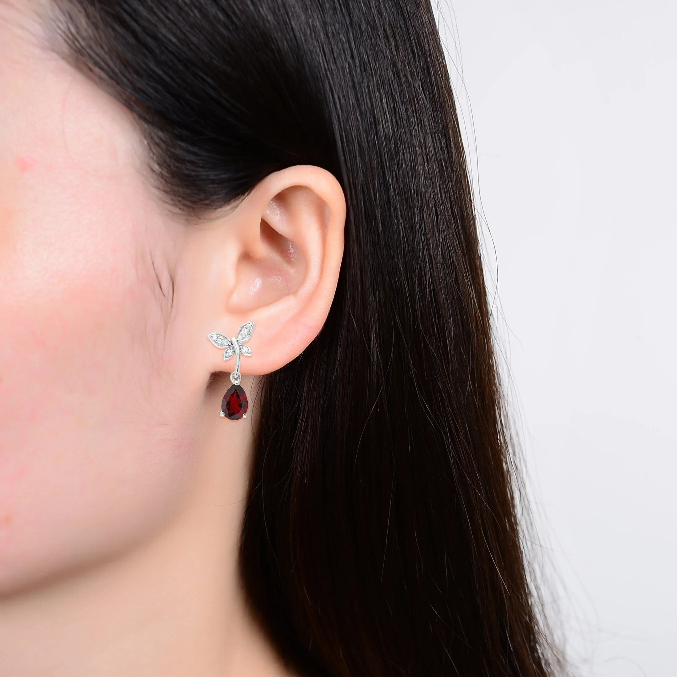 Natural Garnet and White Topaz Pear-Cut Sterling Silver Butterfly Drop Earrings sold by Zulily product image thumbnail 4