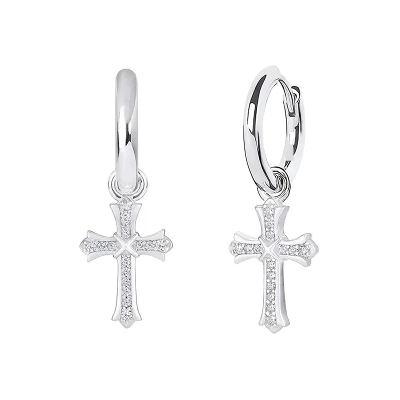 White Gold Plated CZ Cross Leverback Huggie Hoop Drop Earrings sold by Zulily